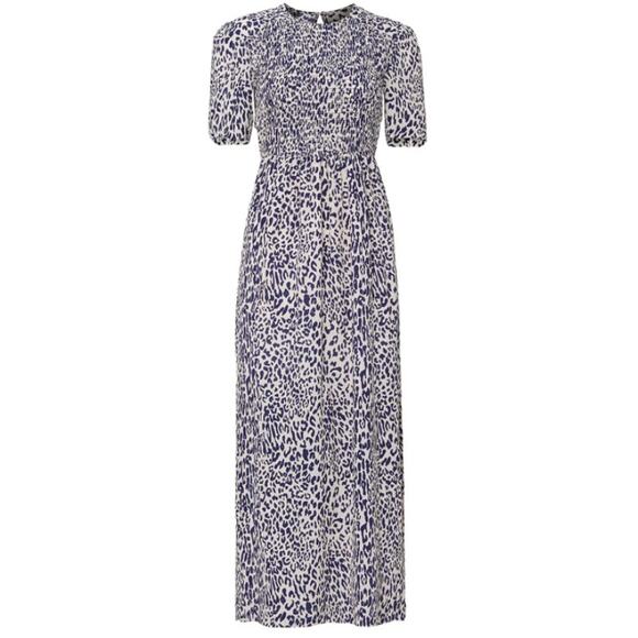 Baum Und Pferdgarten Adamaris Leopard Smocked Silk Midi Dress Blue Sz 40 US 8/10 - Picture 5 of 9